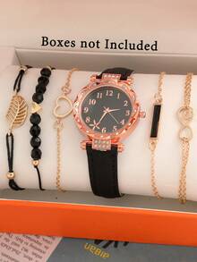 6 bucăți ceasuri rotunde cu cuarț - curea elegantă din piele PU, indicator din aliaj de zinc, cadran din aliaj de zinc și brățară bijuterii pentru femei