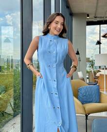 Long Formal Dress Slit Party Wedding Buttons Pocket High Collar Sensorial Tailoring Marrant Fashion Blogger - 淺藍色 - 查看 2