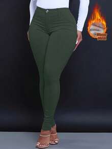 Quần Jeans Skinny Lót Lông Cừu - Quần Jeans Co Giãn Ấm Áp Cạp Vừa, Lót Lông Mùa Đông, Quần Giặt Cổ Điển - xanh quân đội - Xem 2
