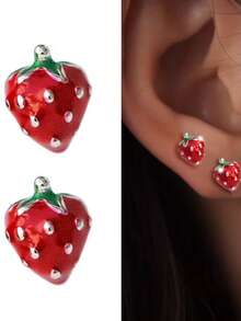 1 Pair S925 Sterling Silver Cute Strawberry Stud Earrings, Perfect Gift Choice For Christmas, Halloween And Thanksgiving, Party Accessories, Holiday Gift, Unique Design, Fashion Jewelry