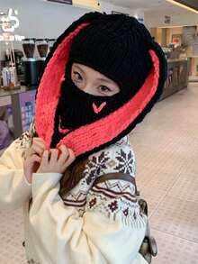 1pc Women's Funny Hat, Handmade Knitted Thick Warm Fleece Balaclava Ski Mask Beanie With Demon Horns, Cute & Stylish Winter Headwear