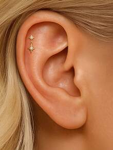 SereneSpark 1PC 925 Sterling Silver Asymmetrical Star Flower Studs Flat Back Cartilage Helix Piercing Hoop Earrings Fine Jewelry For Daily Wear Wedding Party Engagement Anniversary Valentine's Day - Gold - View 16