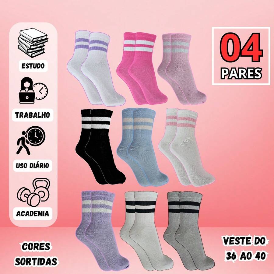 4 Pairs Women's Striped Socks Set, Comfortable, Breathable, Fashionable, Below-The-Calf Casual Socks For Daily Use - Multicolor - Ver 1