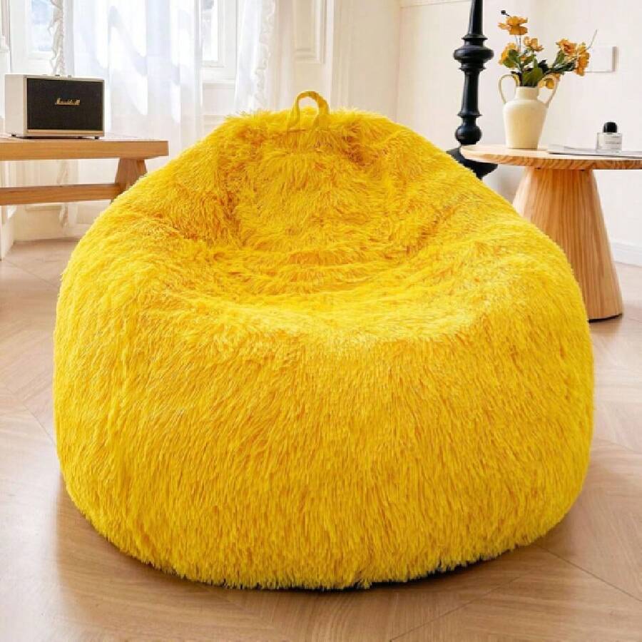Faux Fur Bean Bag Cover(No Filler), Fluffy Stuffed Animal Storage Bean Bag Chair Cover For Bedroom Home Dr, Furry Fuzzy Gaming Bean Bag Cover For Adults Teens Girls, Anti-Slip, Yellow,23964989 - 芥末黃 - 查看 1