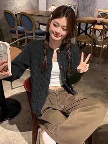 女士高端韩版长袖针织开衫复古纽扣秋冬日常约会通勤长袖上衣 - 黑色 - 查看 6