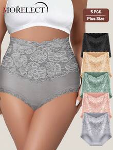 Morelect 5pcs/Pack Plus Size Women High Waist Tummy Control Cotton Panties, Lace Patchwork, Full Coverage, Jacquard Pattern - Multicolor - View 2