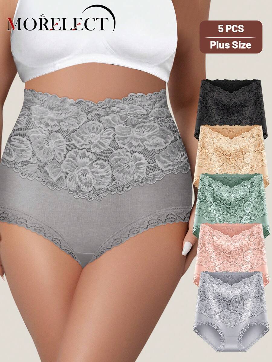 Morelect 5pcs/Pack Plus Size Women High Waist Tummy Control Cotton Panties, Lace Patchwork, Full Coverage, Jacquard Pattern