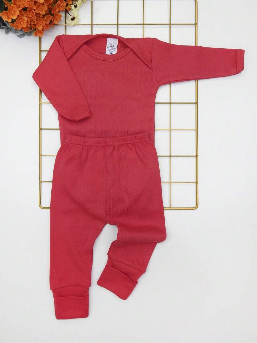 2 Piece Newborn Baby Set Long Sleeve Summer Ribbed Knit /Red Unisex - 紅色 - 查看 1