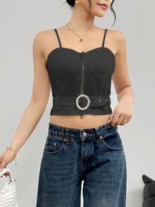 Top de tirantes para mujer ligero casual unicolor de moda con cinturón decorativo y lindos detalles en pedrería sexy para uso diario - Negro - Ver 3