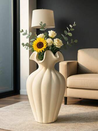 1pc Handmade Vase, Bohemian Wavy Decorative Vase With Petal-Shaped Opening, Minimalist Tabletop Home Decor Ornament, Rustic Gift For Living Room Bedroom