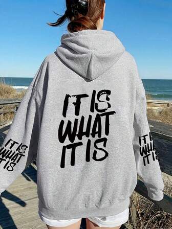 大码女式日常“这就是生活”纯文字印花连帽衫，长袖休闲春夏秋季女式大码长袖连帽卫衣，新年外出上衣，女式度假装扮