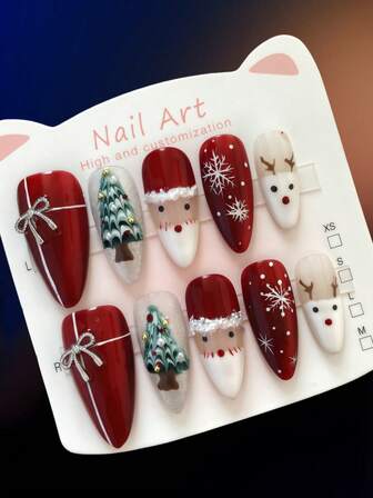 10 Pieces Of Pure Handmade Press-On Nails, Christmas Nails, Cat Eye Nails, Red Nails, Almond-Shaped Nails, Three-Dimensional Patterns, False Nails, Cute Nails, High-End Quality, Suitable For Women And Girls To Wear Daily Or Festively.