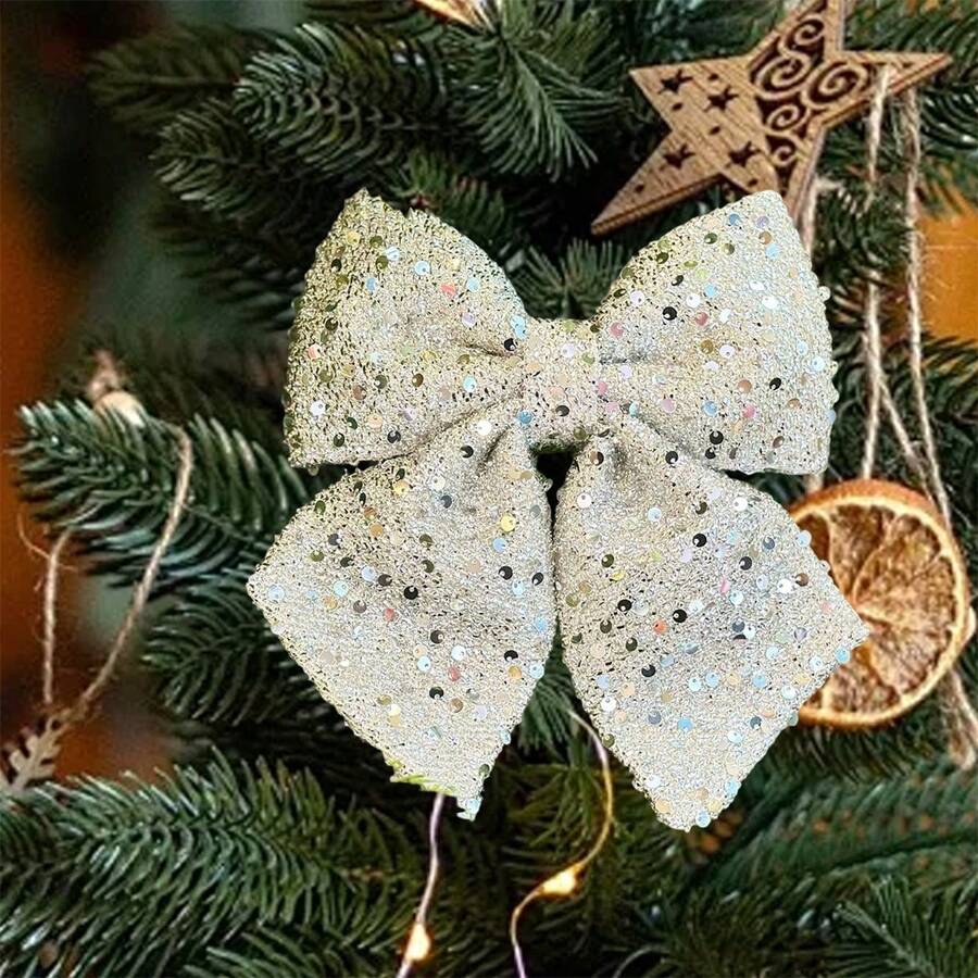 Adorno navideño colgante con lazos, lentejuelas brillantes y lentejuelas para el árbol. Un lindo adorno decorativo con purpurina. - Plateado - Ver 1
