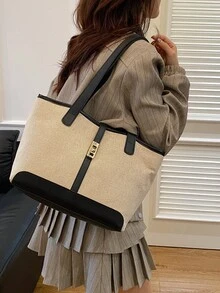 European And American Cross-Border Personalized Linen Color Block Large Capacity Tote Bag, Women New Fashion Color Block Shoulder Handbag, Casual Versatile Large Capacity Bucket Bag - Black - View 10