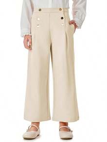 Girls Wide Leg Pants Kids Fashion Elastic Waist Front Button Trousers With Pockets 5-14 Years - Beige - View 12