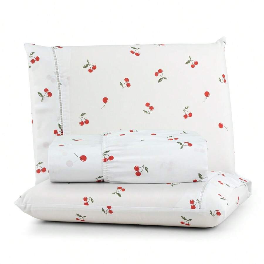 Premium Printed Fitted Sheet Set With Elastic + Pillowcases, 200 Thread Count, Single, Full, Queen And King Sizes, Hypoallergenic - 櫻桃 - 查看 1