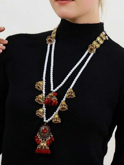 Colar estilo palácio vintage boêmio com várias camadas de pérolas artificiais em forma de gaiola para pássaros, adequado para presente, festa, uso diário, festival