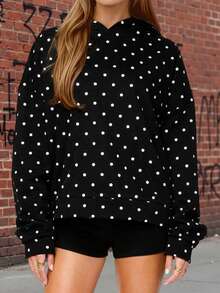 Women Casual Fall Hooded Sweatshirt With Front Pocket Dot Print Casual Long Sleeve Pullover Hoodies Outwear - 黑色 - 查看 4