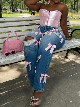 Chicsale Women's Straight Leg Jeans With Bow Detail & Ripped Holes Non-Stretch Denim Pants, Soft Comfortable Relaxed Fit For Casual Daily Wear