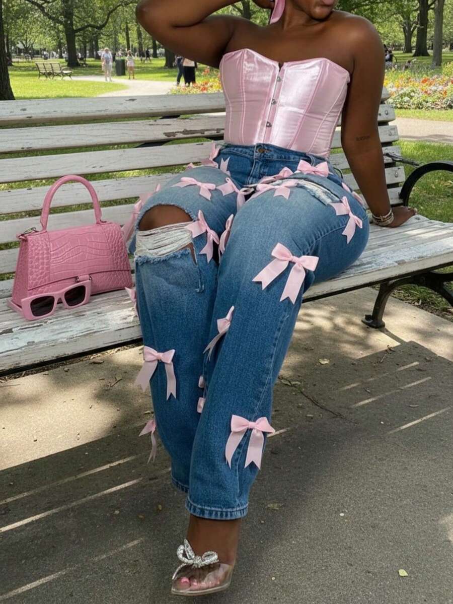 Chicsale Women's Straight Leg Jeans With Bow Detail & Ripped Holes Non-Stretch Denim Pants, Soft Comfortable Relaxed Fit For Casual Daily Wear - Rửa trung bình - Xem 1