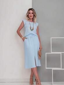 Women's Premium Fleece Midi Skirt Set - 淺藍色 - 查看 1