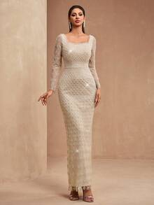 New Luxury Elegant Women's Formal Gown With Sequins, Lace Patchwork, Adjustable Back Tie, Front Slit, Suitable For Formal Events, Parties, Weddings, Red Carpet, Valentine's Day - 杏色 - 查看 6