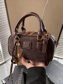 1pc Plush Doll Decor Crossbody Bag, Large Capacity Soft Leather Boston Tote Bag, Suitable For Commuting All Year Round - Coffee - View 4