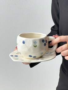 一套蓝莓图案陶瓷咖啡杯碟，手工简约欧式陶瓷杯碟，家用早餐杯碟，牛奶杯，果汁杯，下午茶杯，礼品杯碟 - 彩色 - 查看 4