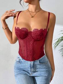 Lace Bustier Corset | Mesh Insert Spaghetti Straps Slim Fit Top - Màu Đỏ Sâu - Xem 5