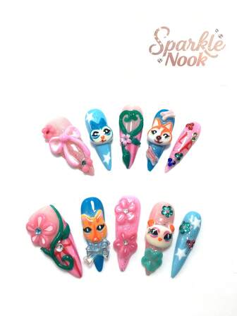 Varje set innehåller 10 stycken Y2K-fina stiletto-press-on-naglar tillverkade av handgjord akryl. Med en fransk design med räv-, kanin-, kristall- och kronbladsdekorationer, finns i flera toner och hudfärgade nyanser. Tre storlekar passar olika handformer, perfekt för fester, galor och vardagsbruk. Inkluderar ett nagelverktygskit, vilket gör det till en idealisk present till kvinnor och flickor.