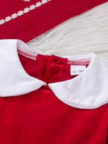 1 pezzo Vestito elegante bianco da ragazza con colletto Peter Pan, maniche lunghe, decorazione in pizzo a tema Babbo Natale, adatto per autunno/inverno - Rosso - Visualizzare 3