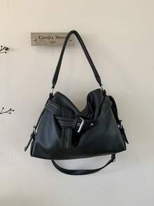 1pc Women's Simple Boston Handbag, Solid Color Versatile Buckle Design Shoulder Bag/Crossbody Bag - Black - View 11