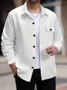Men's Casual Solid Color Textured Premium Lightweight Business Gentleman Style Autumn/Winter Versatile Long Sleeve Shacket - White - View 4
