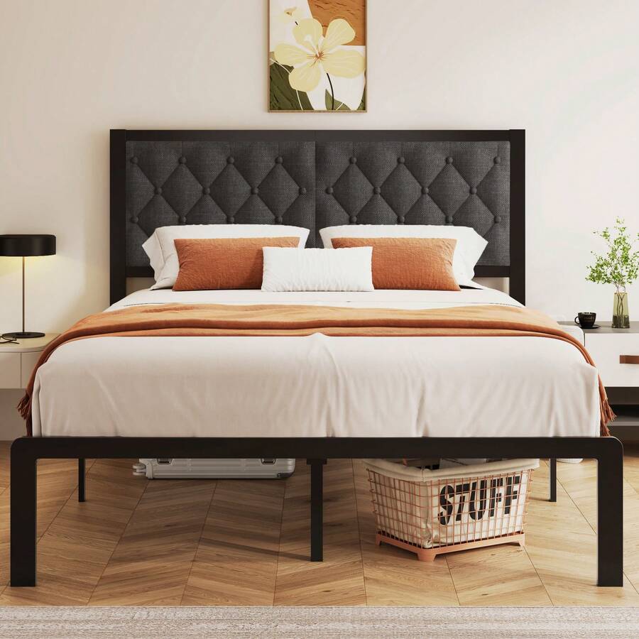 Gunji Queen/King/Full/Twin Bed Frame With Tufted Headboard Metal Platform Bed Frame With Under-Bed Storage,All Metal Support System,No Box Spring Needed,Noise-Free,Easy Assembly,Grey - 灰色 - 查看 1