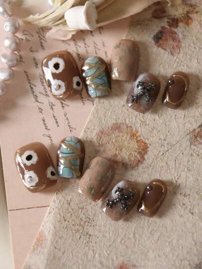 10pcs Press On Nails Short Brown Flower Vintage Style Office DailyWear False Nails Artificial Nails Kit Nail Supplies Includes 1sheet Adhesive Tabs &1 Pc Mini File Nail Art DIY