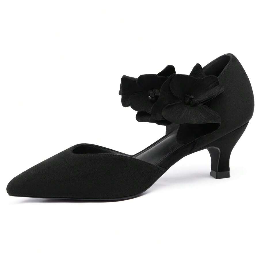 Women's Pointed Toe Kitten Heels - Closed Toe Floral Embellished With Cushioned Insole Christmas Gift & New Year Gift - Màu đen mát mẻ - Xem 1