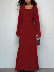 Đầm dài tay loe cổ tròn đơn giản thanh lịch hàng ngày thu đông cho nữ - Đỏ - Xem 3