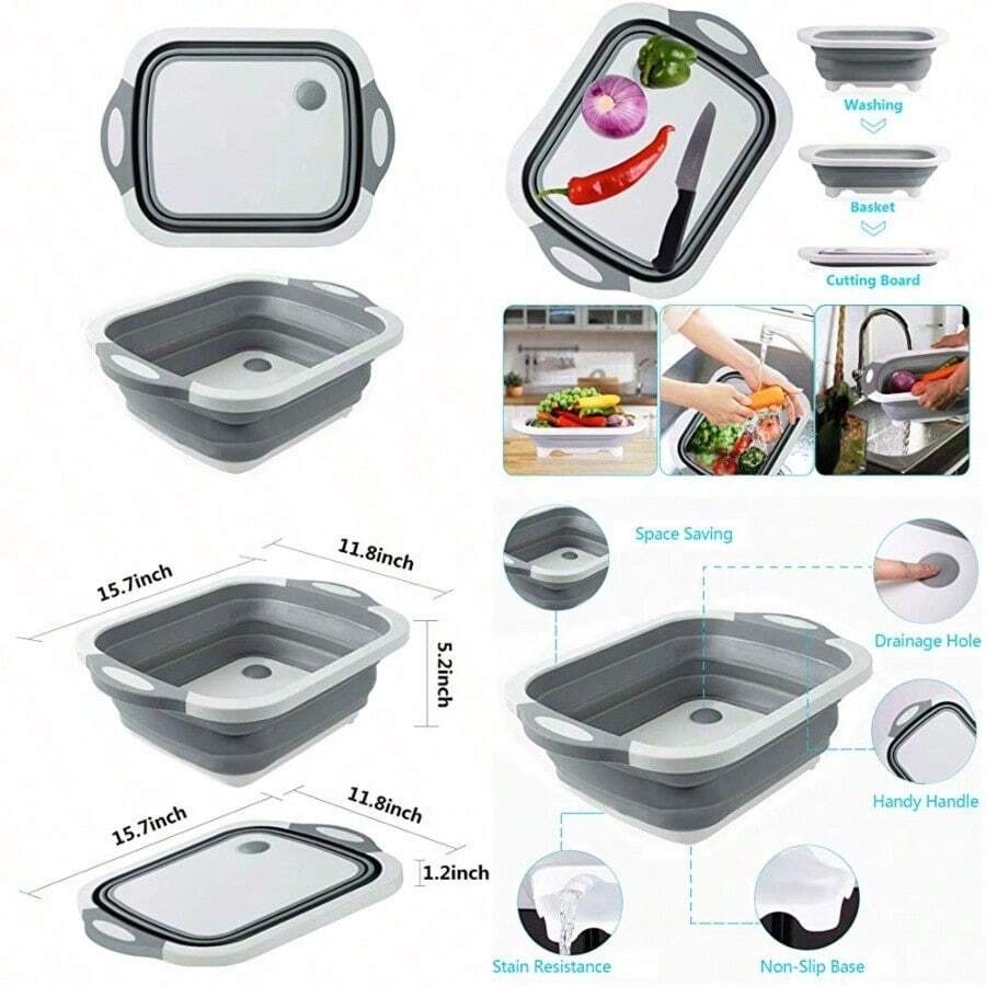 Collapsible Washing Up Bowl Innovations Multi Function Bowl Drying Rack Portable Cutting Board Retractable Drain Washing Basket Basin Vegetable Fruit Tray For For Camping Picnic Kitchen CB-01 - Gray - View 1