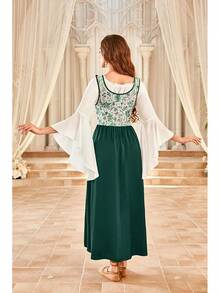 Medieval Renaissance Gown - Women's Floral Peasant Dress With Elegant Bell Sleeves, Festival Formal Dress - 墨綠色 - 查看 6