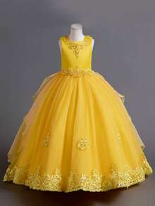 Flower Girl Dress Princess Puffy Tulle Dresses Bridesmaid Wedding Birthday Party Pageant Maxi Prom Gown For Kids - Màu vàng - Xem 9