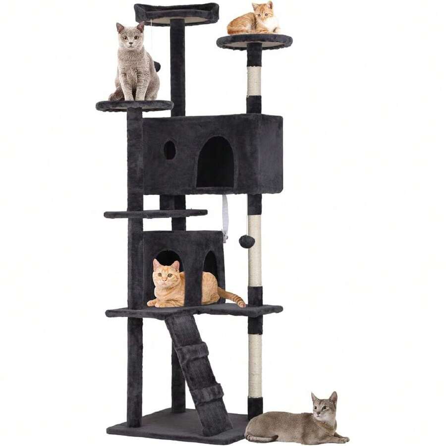| 70" Cat Tree Tower | Dark Gray | Sturdy, Easy To Assemble, Multi-Level Activity Center With Sisal Scratching Posts, Condos, Perches, Hanging Cat S, Observation Decks & Ladder,23942392 - Bronze - View 1
