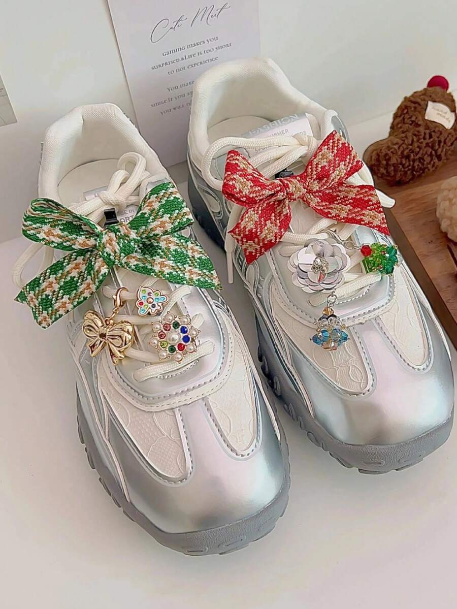 1 pieza Lazo decorativo navideño, serie de flores de perlas coloridas, hebilla de cordones para zapatos, decoración para zapatillas, botas y zapatos de vestir, nuevo pendiente DIY para Año Nuevo (zapatos no incluidos)