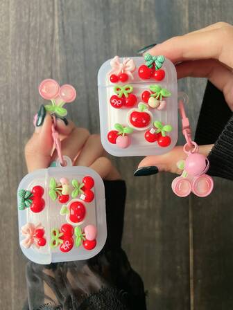 Funda de teléfono con diseño de cereza 3D compatible con auriculares Apple, otoño