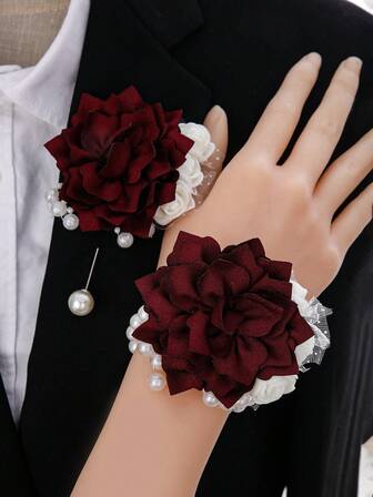1枚向日葵胸针 + 1枚腕花，酒红色向日葵搭配米色玫瑰珠饰，新娘腕花，伴娘腕花，婚礼派对，舞会，日常佩戴花卉配饰，浪漫婚礼派对胸针装饰