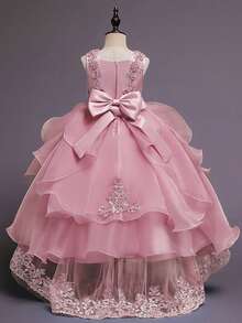 Flower Girl Dress Princess Puffy Tulle Dresses Bridesmaid Wedding Birthday Party Pageant Maxi Prom Gown For Kids - 珊瑚粉 - 查看 3