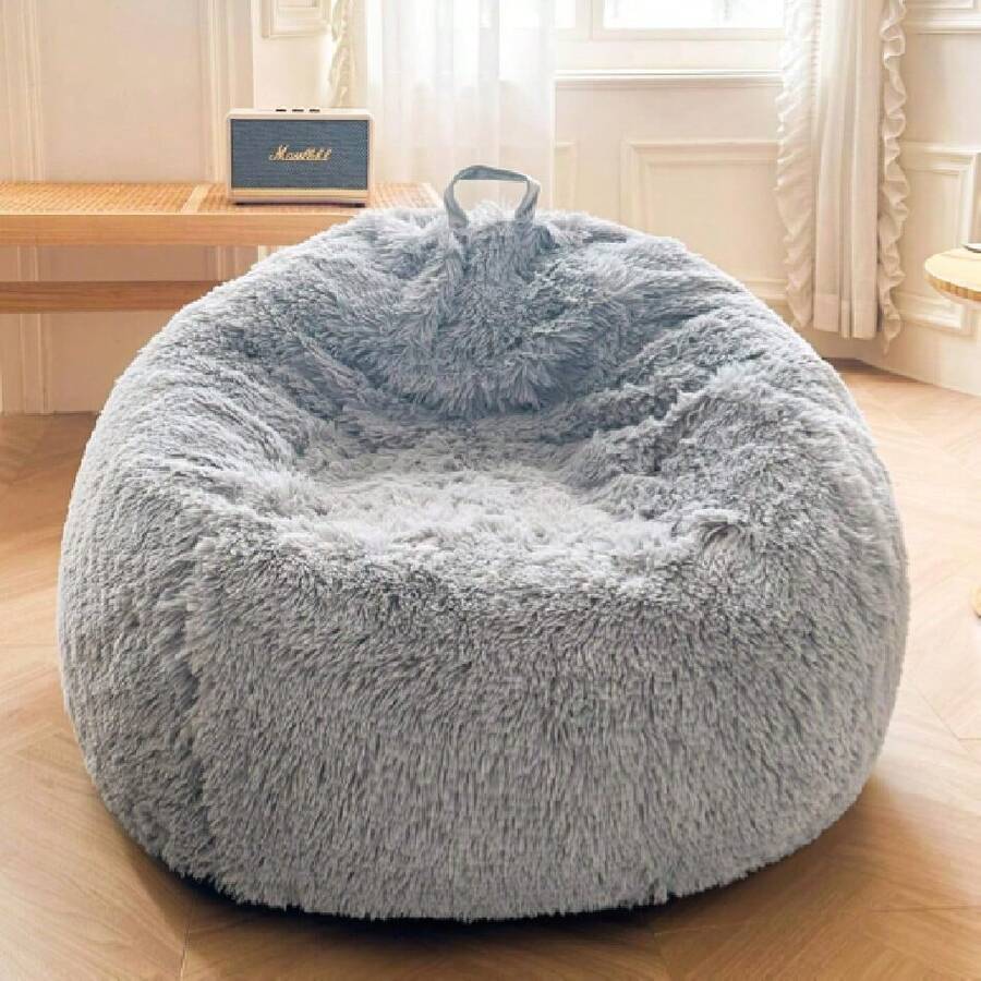 Fluffy Stuffed Animal Storage Bean Bag Cover (No Filler), Faux Fur Washable Ultra Soft Bean Bag Cover For Plush S Or Textile, Plush Shaggy Large Bean Bag For Adults Teens, Grey,23964981 - 灰色 - 查看 1