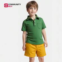Conjunto de polo corto para niños en verano, conjunto casual con camisa de cuello levantado transpirable y pantalones cortos infantiles blusa individual para niñas en verano, camisetas de dos piezas para niños - Verde - Ver 3