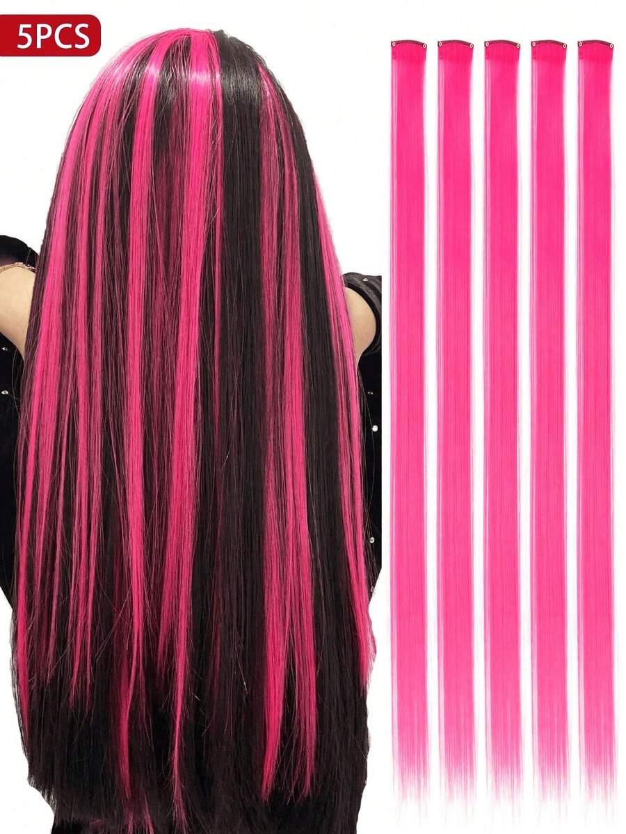 Clip In Hair Extensions 22 Inch 20Pcs/10Pcs Colored Hair Extensions Party Highlights Long Straight Synthetic Hairpieces For Women - 玫紅色 - 查看 1