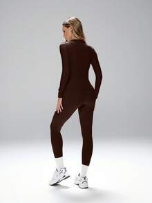 FWH Slim Fit, Versatile Design - Classic Round Neck + Fitted Long Sleeve, Waist Belt, Matching Set, #Sports & Casual Essential #Fitness & Street, High Waist Sports Set, Tummy Control Yoga Outfit, Shaping Activewear, Slim High Waist Yoga Set With Tummy Control, Women's Essential 2-Piece Sports Set - Brown - View 2