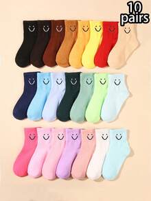 10 pares de calcetines cortos elásticos de media pantorrilla de unicolor con cara sonriente para niñas, para otoño/invierno - Multicolor - Ver 6